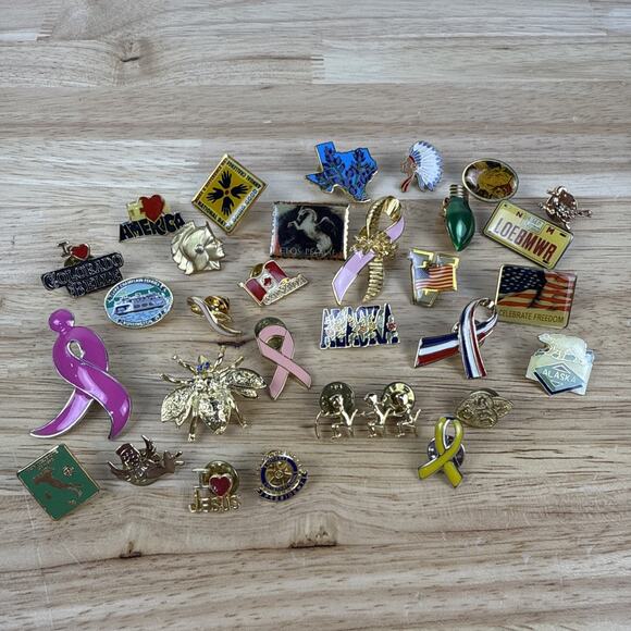 Vintage Pin Lot Jewelry - Vintage Hat Lapel Pins Lot of 30 Assorted Pink Ribbon Patriotic States